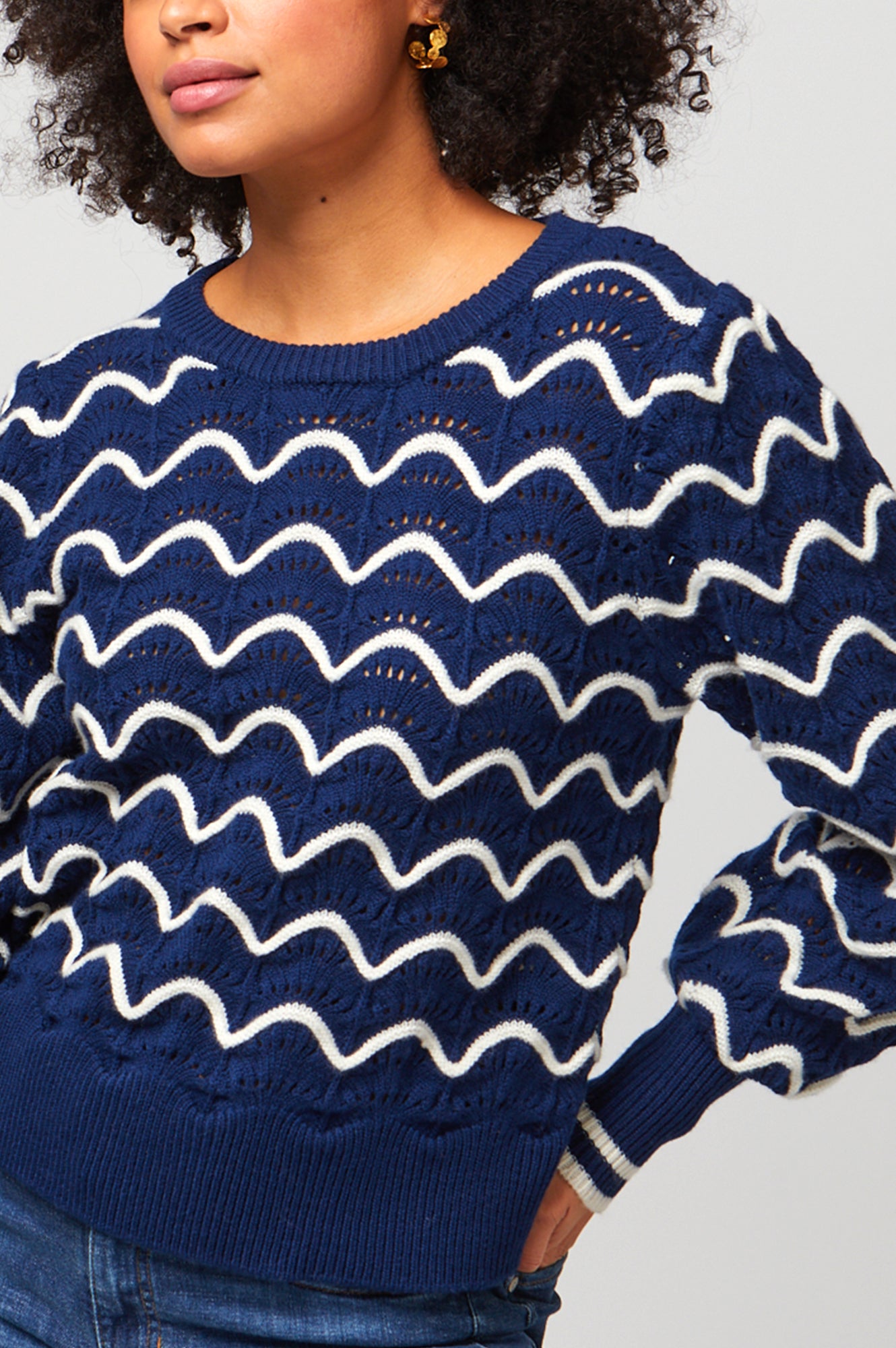 Scallop Crew Neck Jumper | Navy/Cream