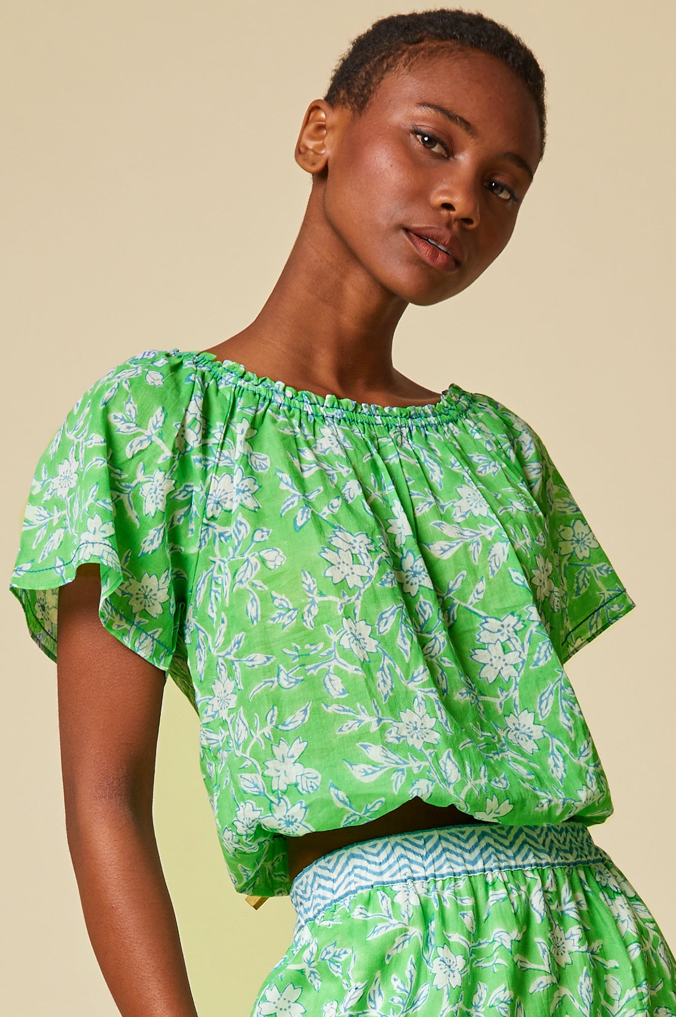 Ilana Block Print Organic Cotton Top | Apple Green