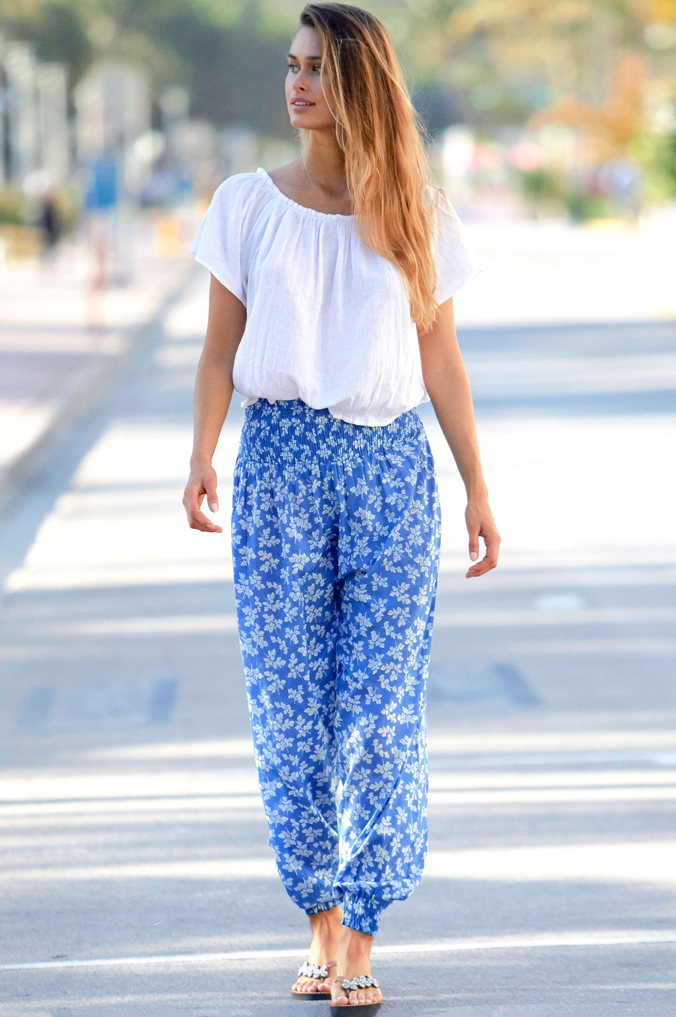 Harem Trousers | Oak Leaf Marina Blue/White