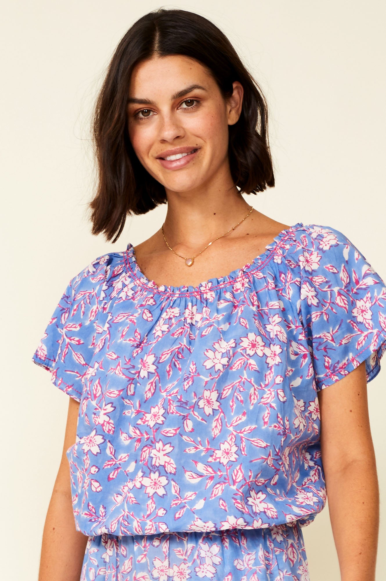 Ilana Block Print Organic Cotton Top | Flower Marina Blue