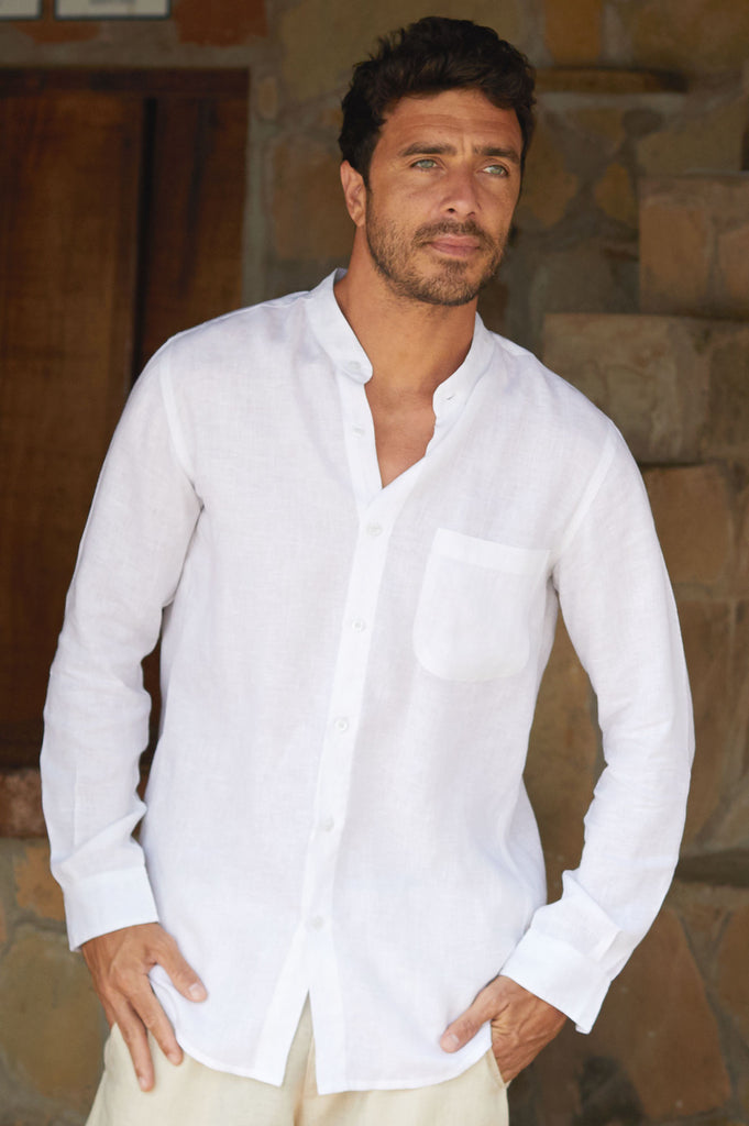 Men's Nehru Collar Linen Shirt | White – Aspiga