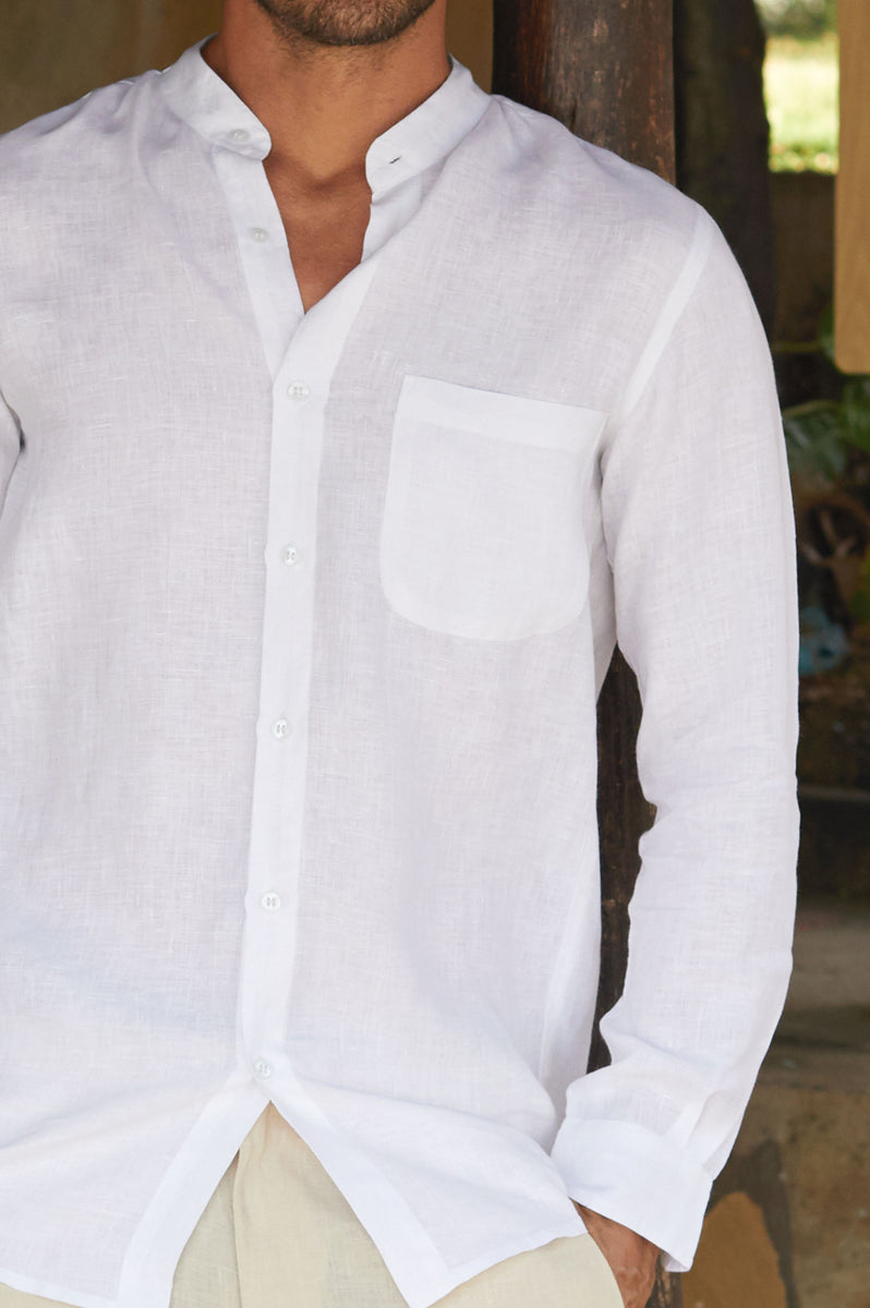 Aspiga Sustainable Linen Menswear Nehru Collar Holiday Shirt | White