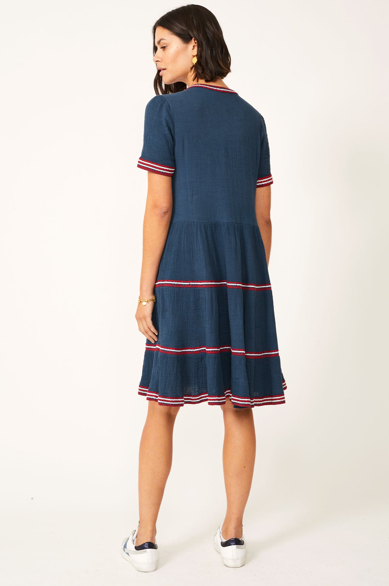 Meredith Embroidered Organic Cotton Dress | Navy/ Red