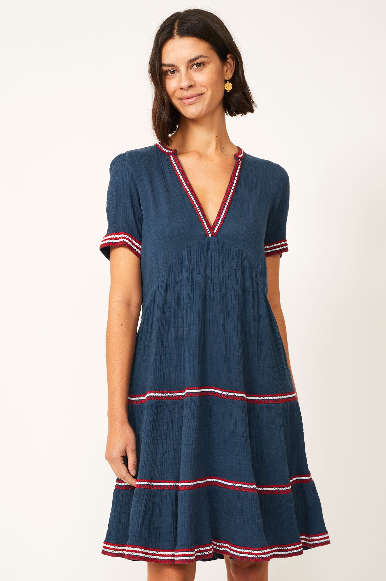 Meredith Embroidered Organic Cotton Dress | Navy/ Red