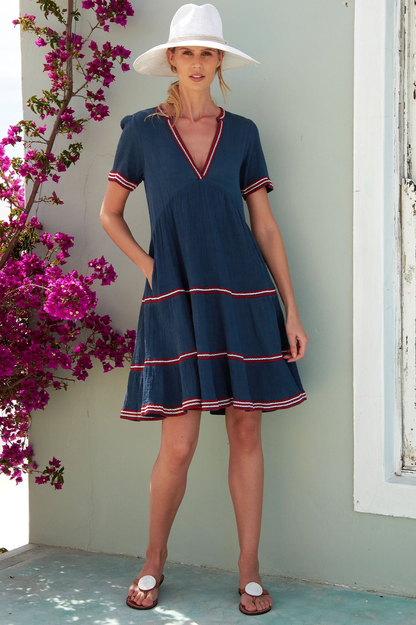 Meredith Embroidered Organic Cotton Dress | Navy/ Red