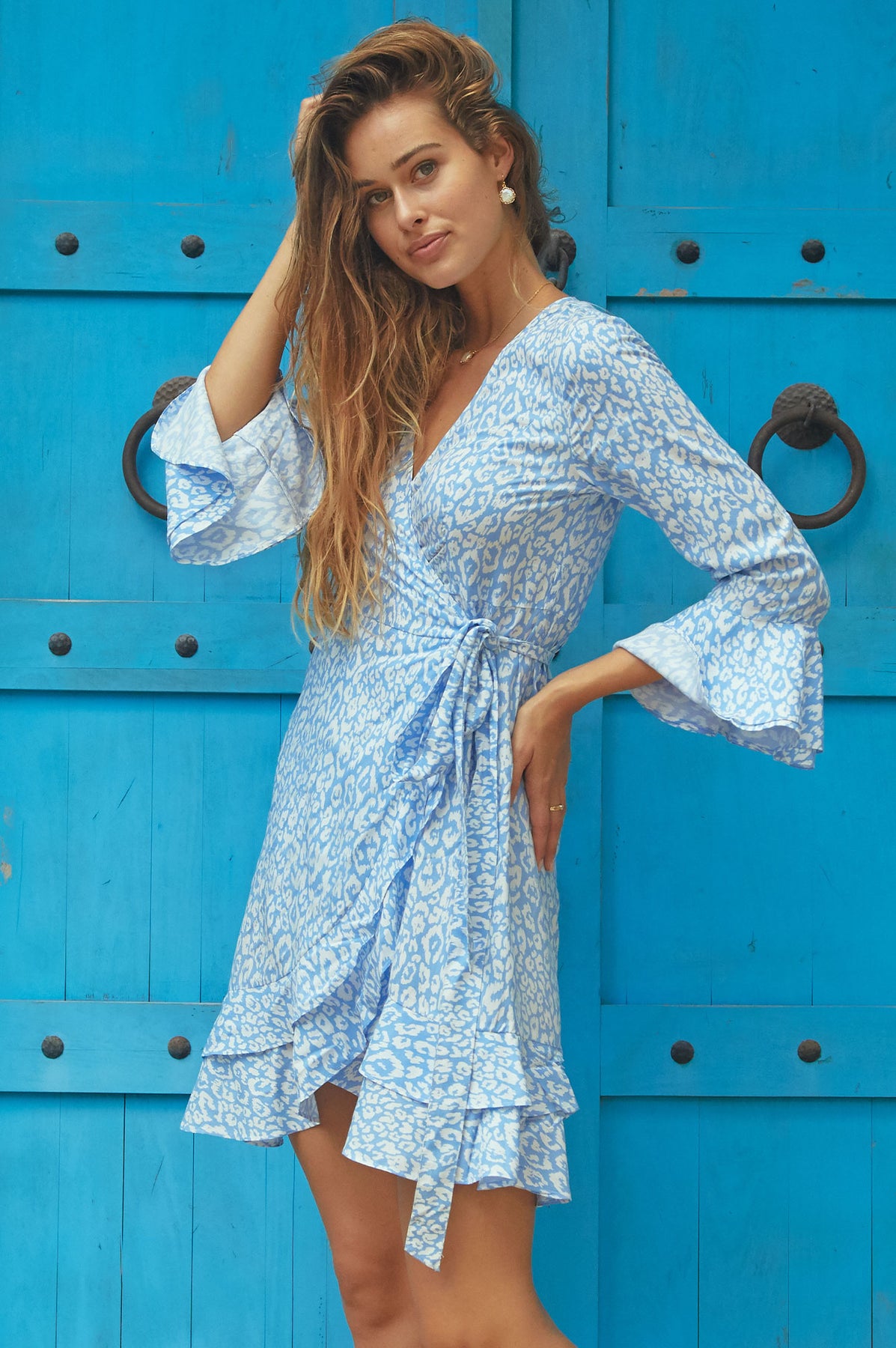 Aspiga Sustainable Viscose Mimi Wrap Mini Dress | Leopard Sky Blue/ White