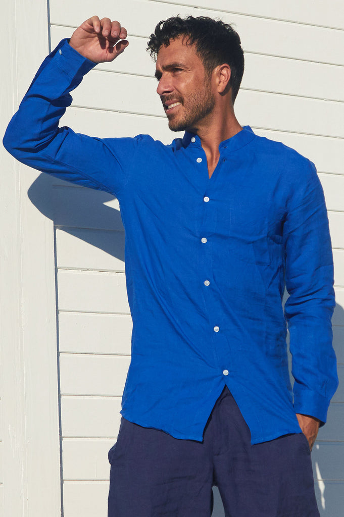 Aspiga Sustainable Linen Menswear Nehru Collar Holiday Shirt | Blue
