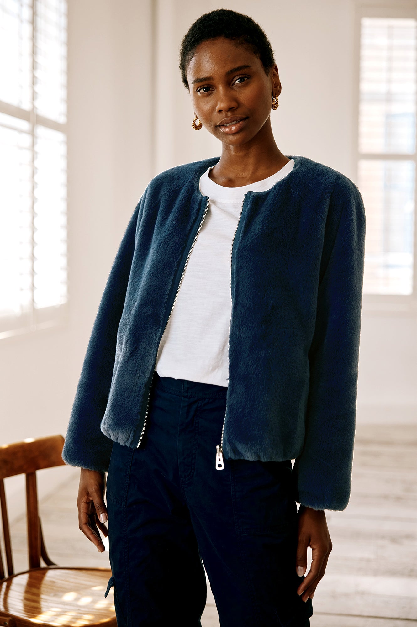 Eco Faux Fur Reversible Bomber | Petrol Blue