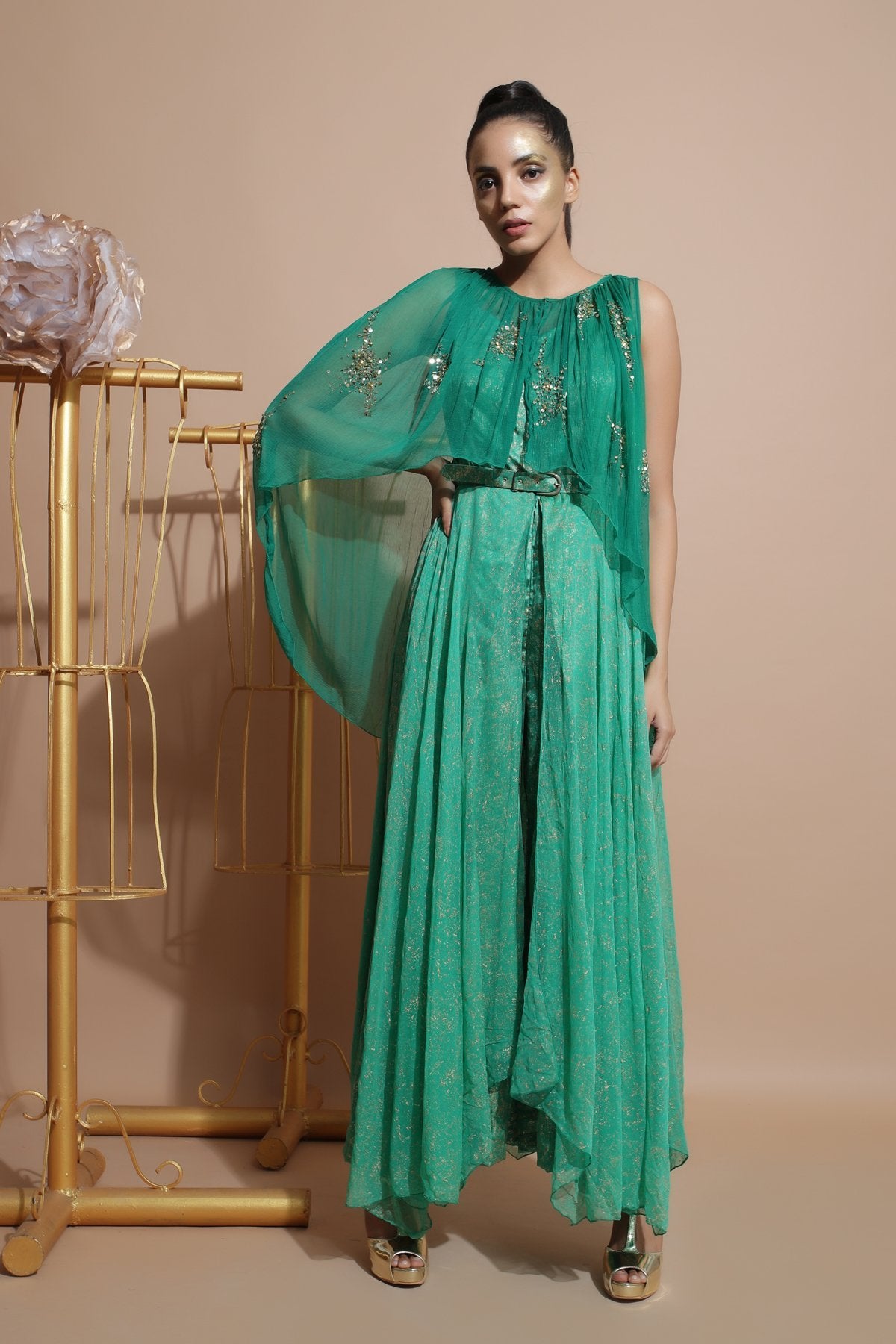 green cape jumpsuit