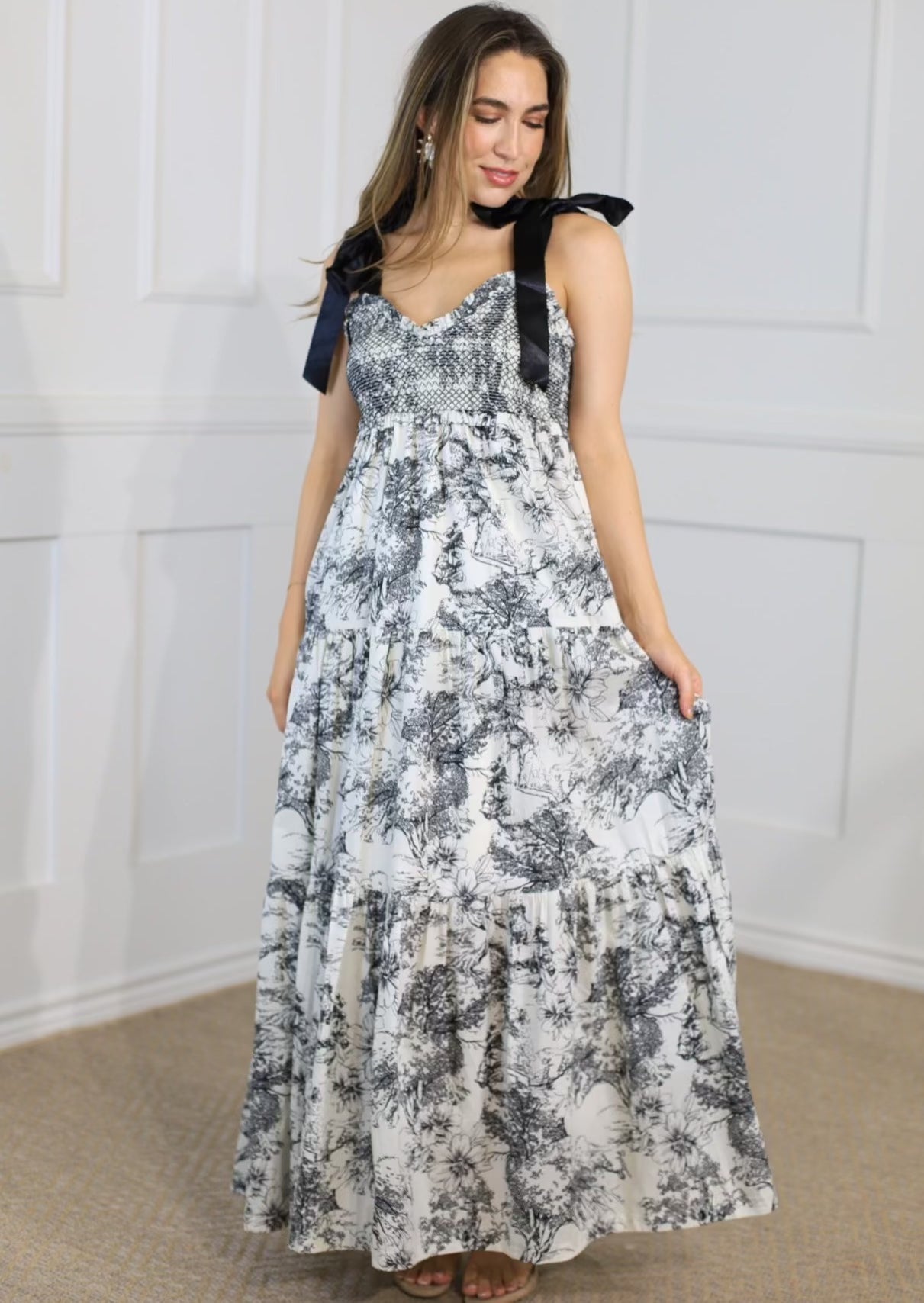 EXOTIC BEAUTY MULTI-CONTRAST SMOCKED BODICE MAXI DRESS