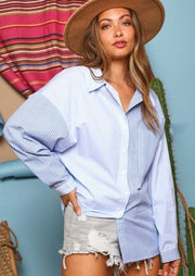 BLUE AND WHITE STRIPED COLOR BLOCK SHIRT