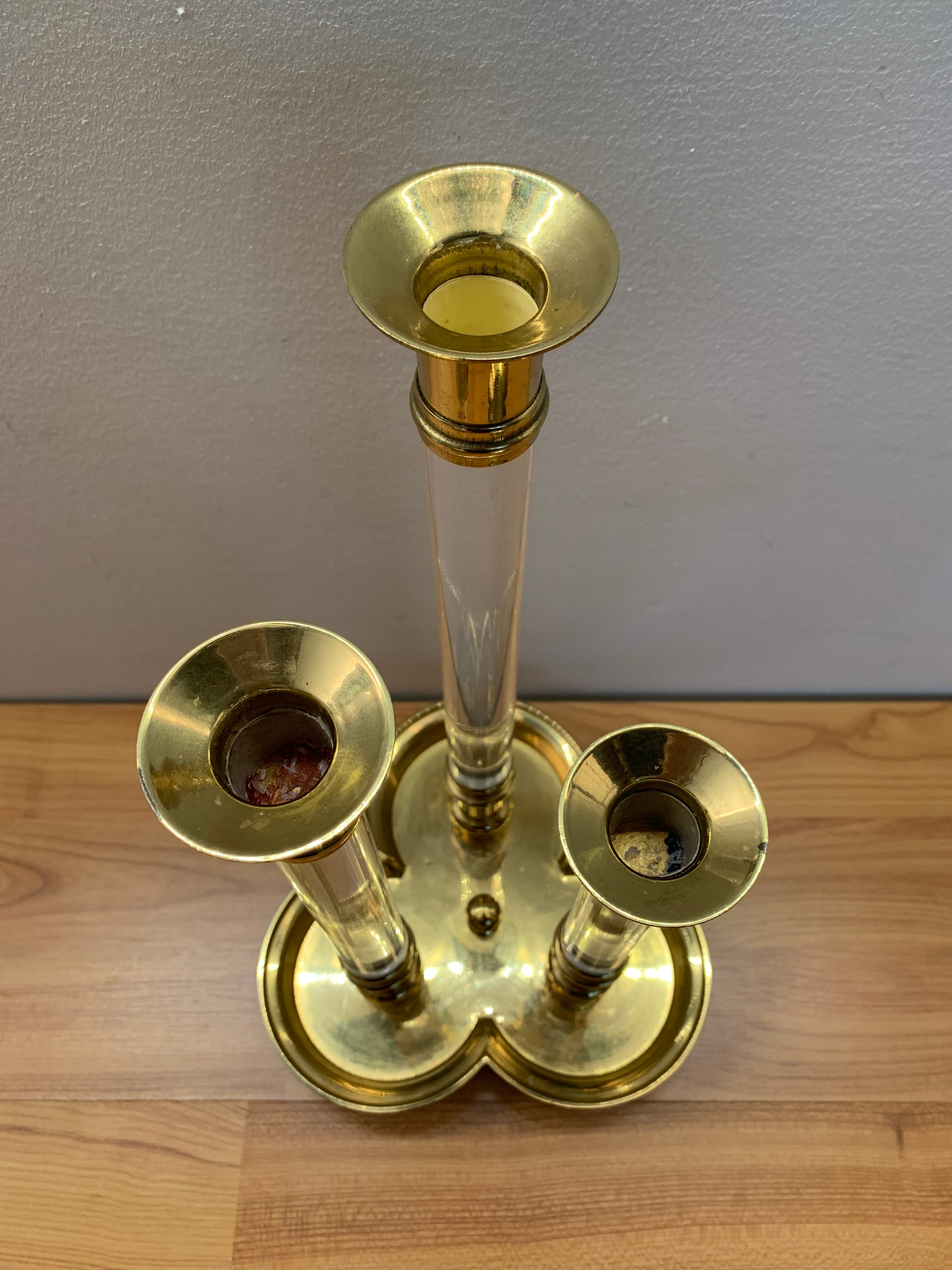 Brass & Lucite Triple Candle Holder