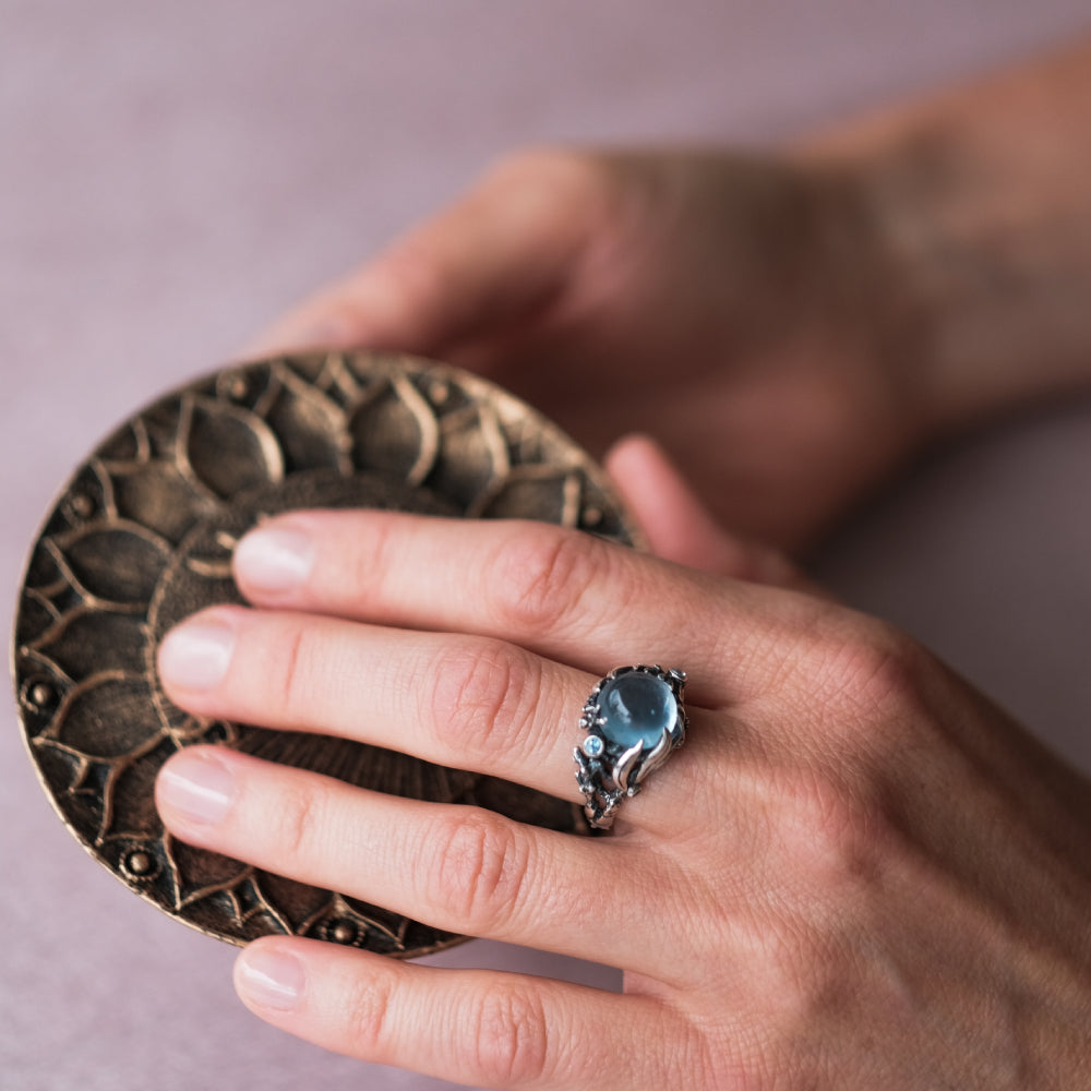 Sterling Silver Ring on hand with Aquamarine