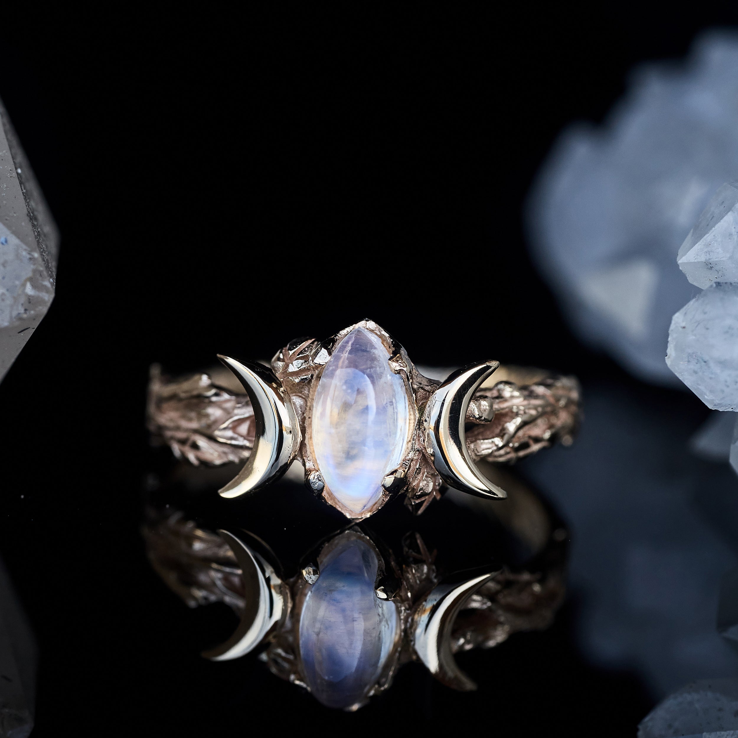 14K Rose Gold Moonstone ring with Triple Moon 