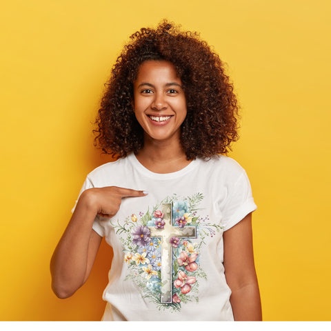 Young woman wearing white tee shirt with floral cross