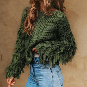 BeAvant 2018 Autumn tassels knitted pullover sweater Women streetwear army green pullover Winter o neck casual pullover outwear-rodewe