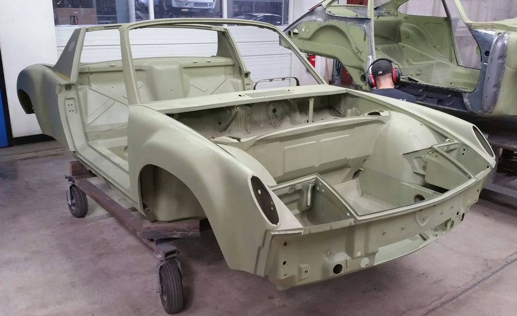 Palma Green Metallic 1973 914/6 GT DTM Conversion on the paint and body chassis dolly