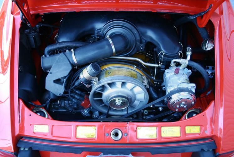 1973 911T Super Touring Restoration In Tangerine engine bay engine compartment detail