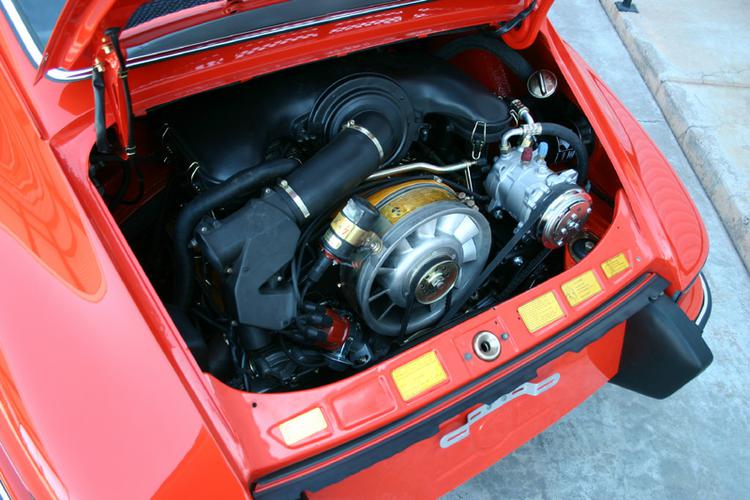 1973 911T Super Touring Restoration In Tangerine engine bay engine compartment view