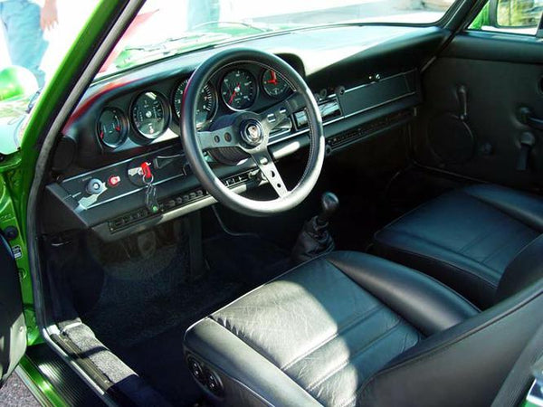 1973 911 RS Restoration In Metallic Green Driver's Side Interior Upholstery View Momo Steering Wheel
