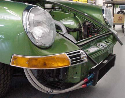 1973 911 RS Restoration In Metallic Green Front Nose And Horn Grill Assembly With Setrab RS Cooler Installed