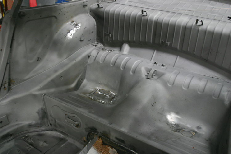 1973 911 RS Pro Touring Restoration 993 3.6L DME G50 SBH Conversion rear seat pan repaired and sealed ready for paint