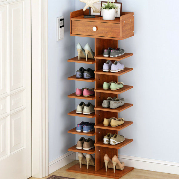 8 Tier Shoe Rack With Top Drawer Black White Oak