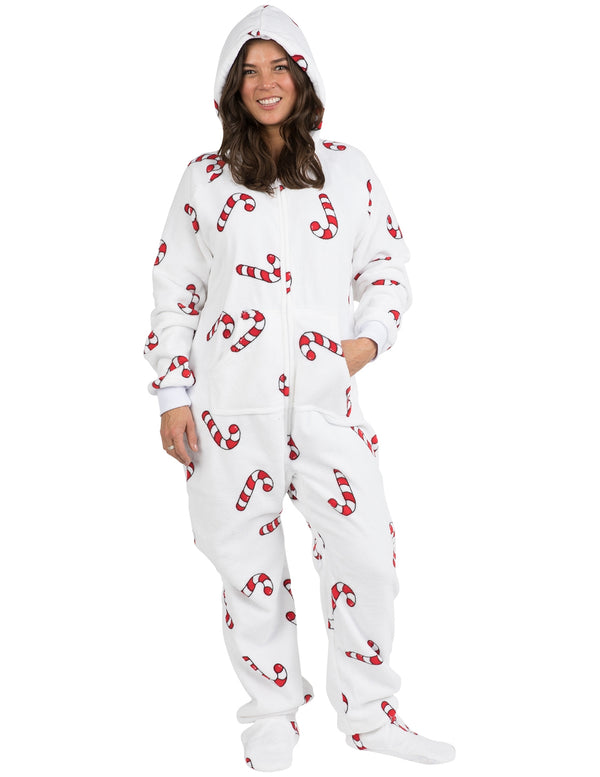 Candy Cane Lane Hoodie One Piece - Adult Hooded Footed Pajamas | Hooded ...