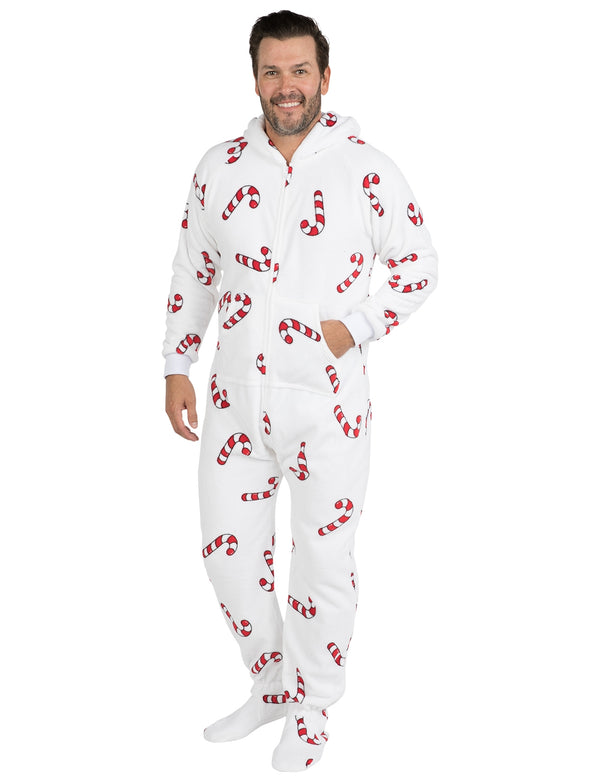 Candy Cane Lane Hoodie One Piece - Adult Hooded Footed Pajamas | Hooded ...