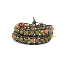 Load image into Gallery viewer, UNAKITE LEATHER WRAPPED BRACELET (6 MM)
