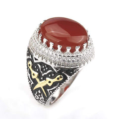 Real 925 Sterling Silver Red Stone with Double Sword Men Ring  from Almas Collections