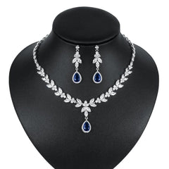 Blue Teardrop and Marquise Cut CZ Crystal Necklace & Earrings Bridal Wedding Jewelry Set