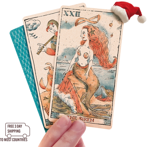 Tarot Of Musterberg In Hand 3 cards Fool Siren and back of card showing FREE Shipping to Most Countries including US Canada UK and Ireland