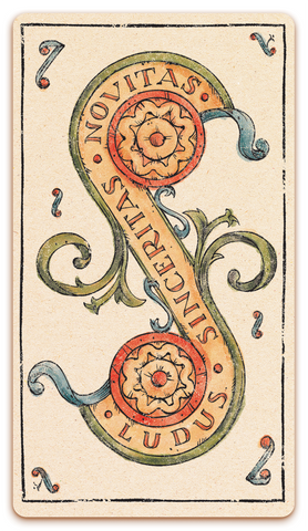 Tarot of Musterberg two of coins card with motto: Ludus, Sinceritas, Novitas