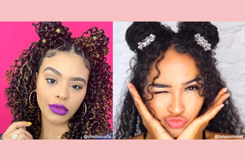 women with curly hair space buns festival 