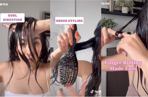 Girl on TikTok showing how to find curl direction with different curling methods