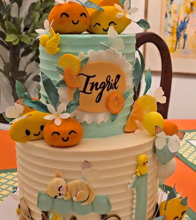 Custom made cake Orange and lemon citrus theme birthday party children inspiration dress and decor Charlotte sy Dimby