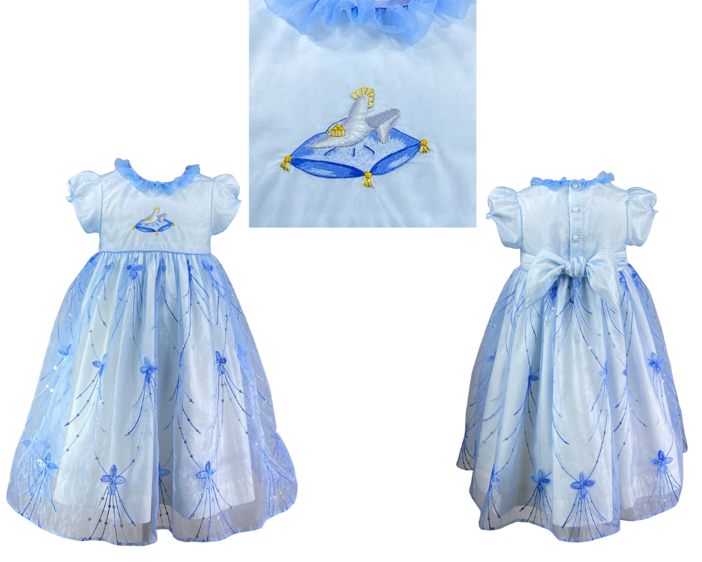 Glass slipper blue Cinderella dress Cinderella royal's table disney world family trip what to wear princess dress tips and advice for family