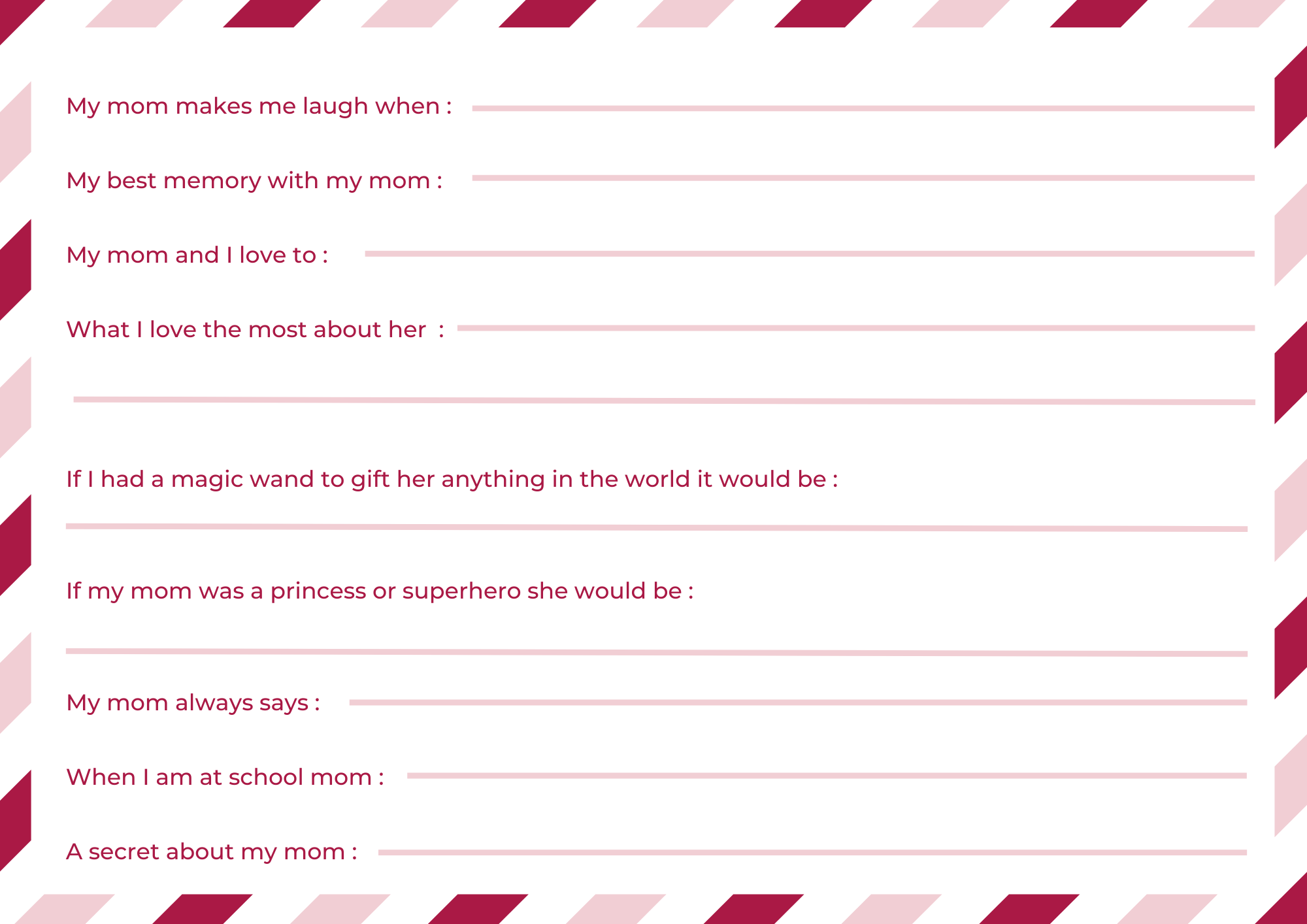 Free downloadable printable Mother's Day questionnaire fun template to fill in and draw for your children