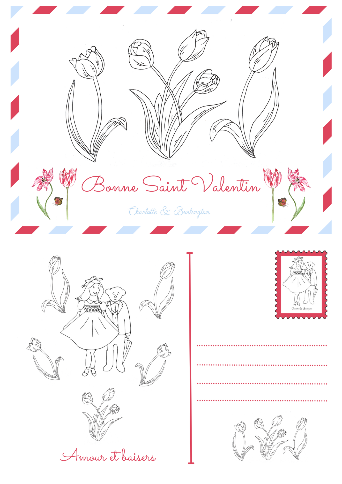 Sweet Valentine's postcard for children tulip coloring in