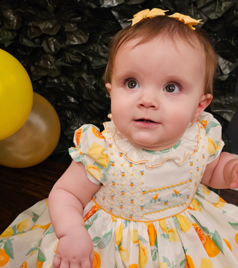 Orange and lemon citrus birthday party baby smocked dress