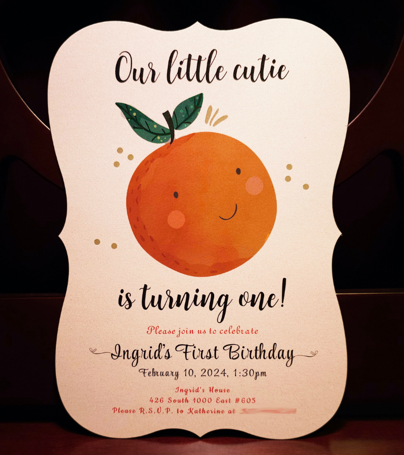 Orange and lemon citrus theme birthday party children inspiration dress and decor Charlotte sy Dimby invitation card