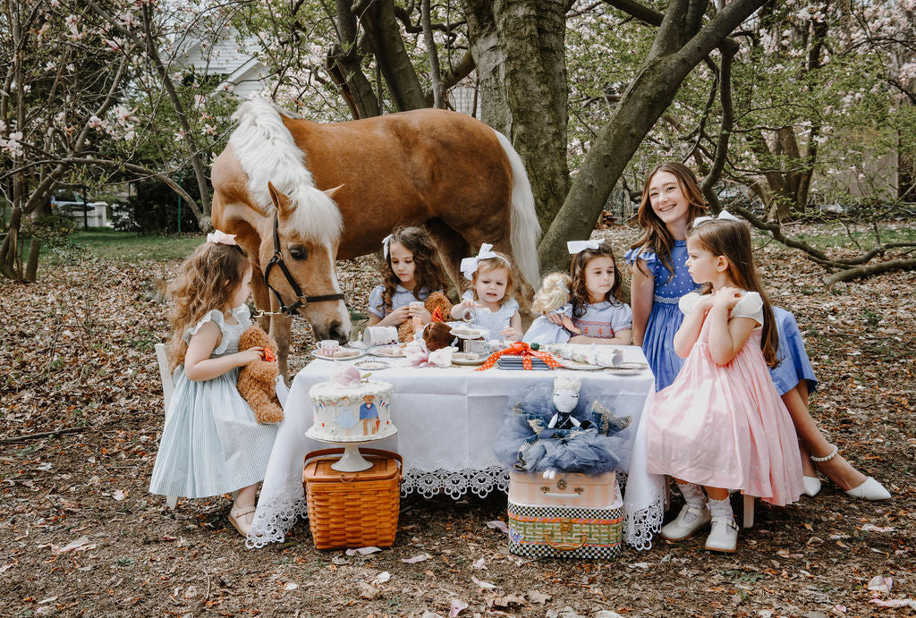 Charlotte sy Dimby tea party with horse celebrate childhood meet new mums smocked dresses