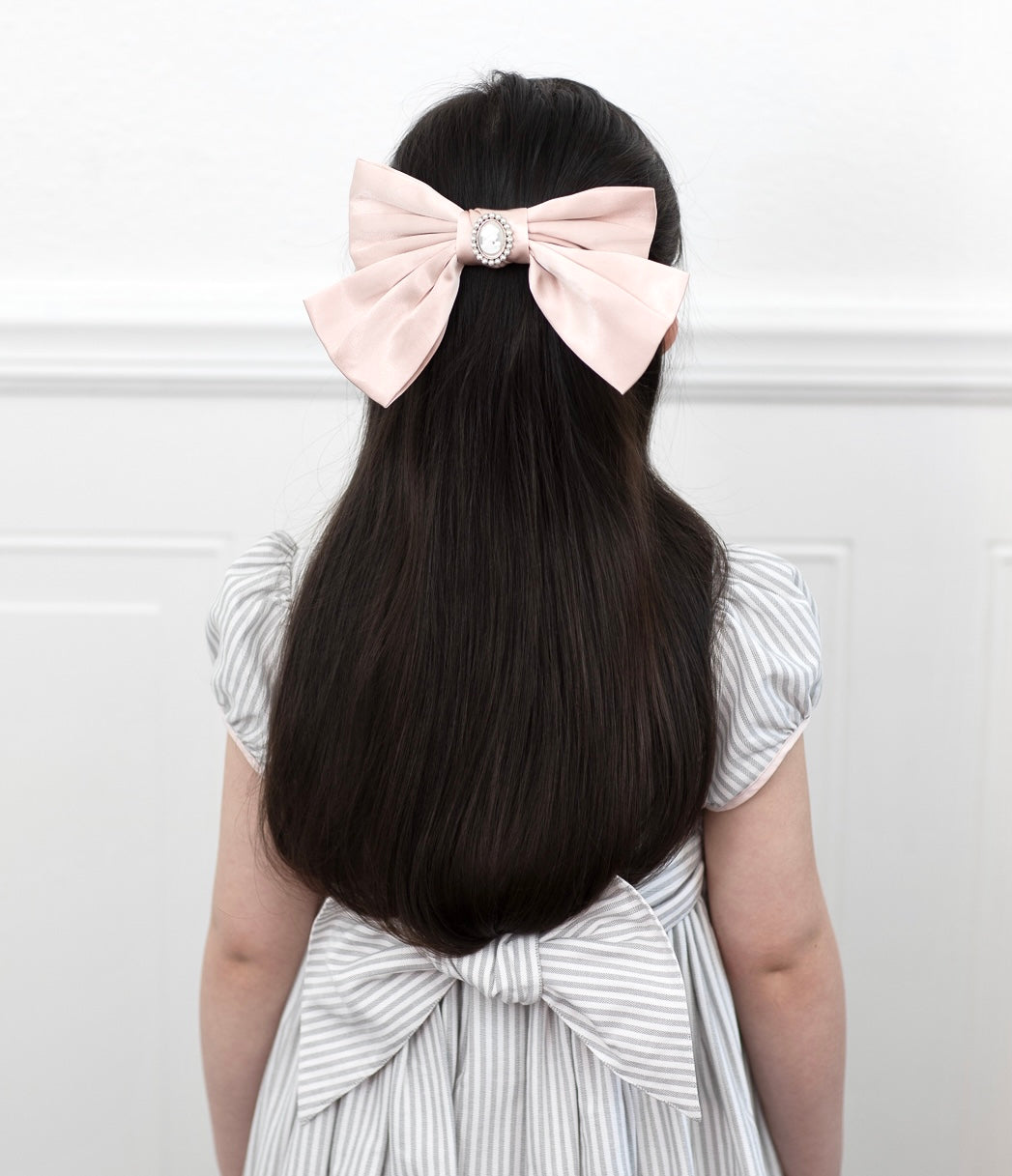 Grey striped classic chic smocked dress with pink bow