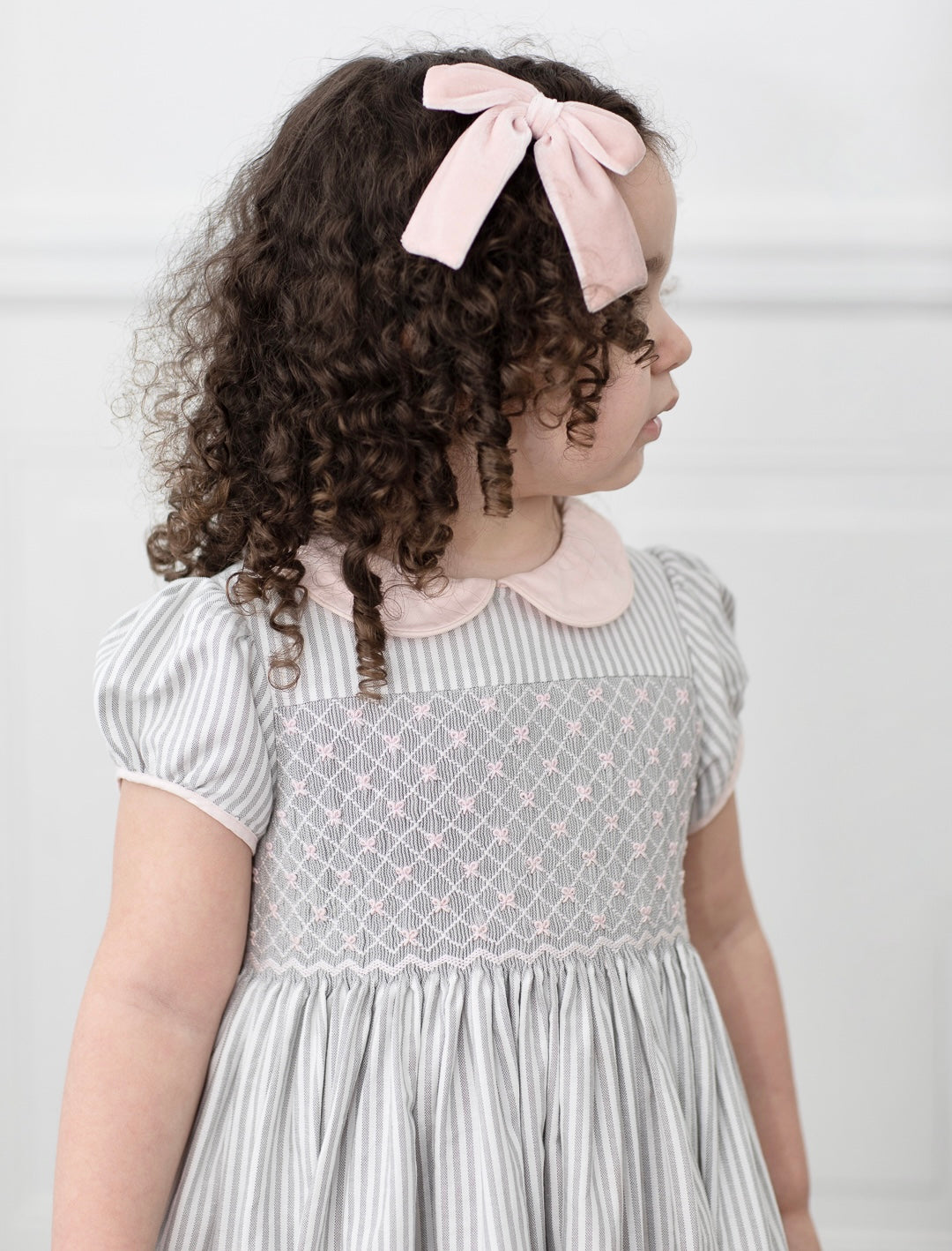 Grey and white pink bow striped dress