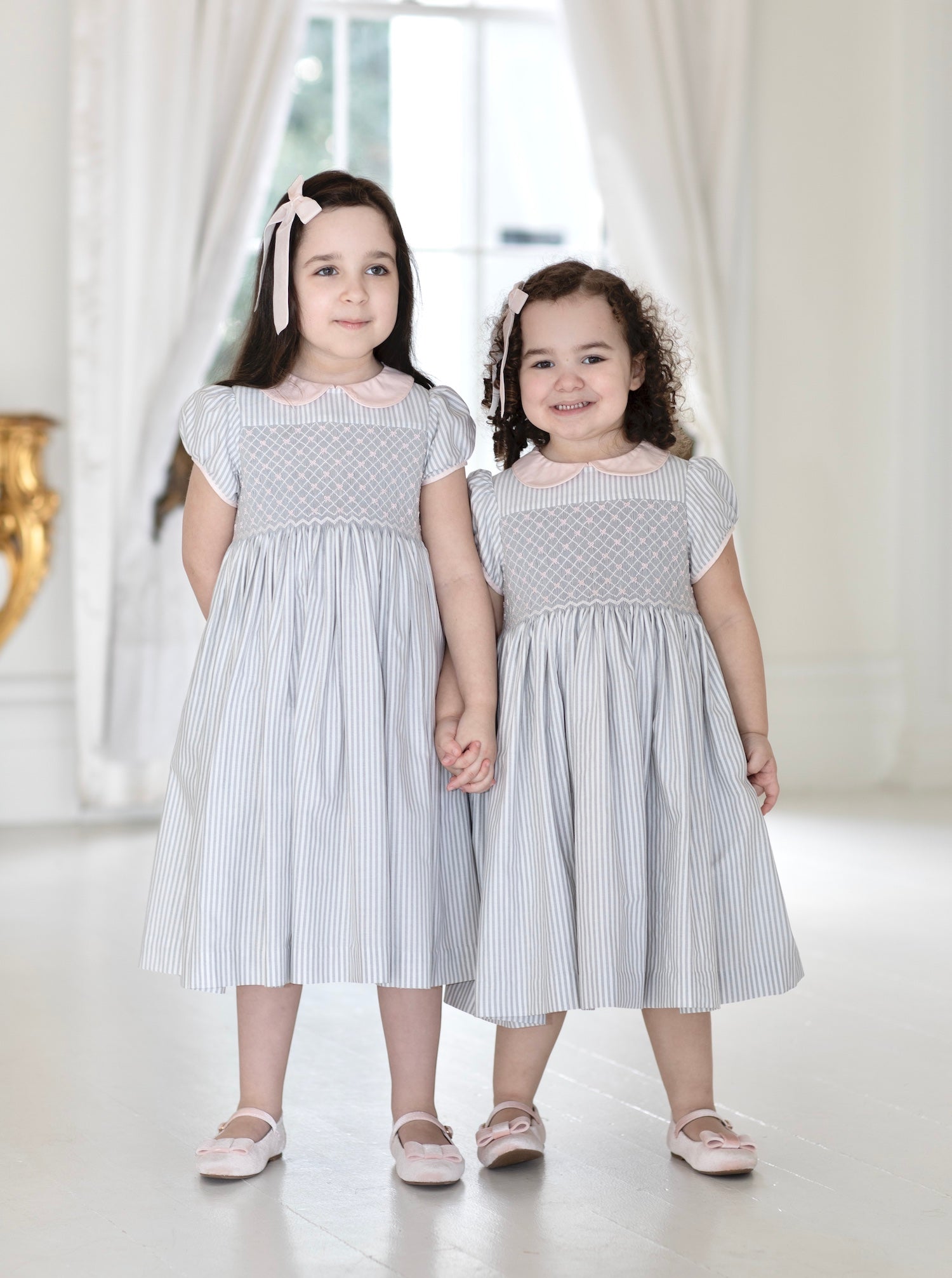 Grey striped classic chic smocked dress with pink bow