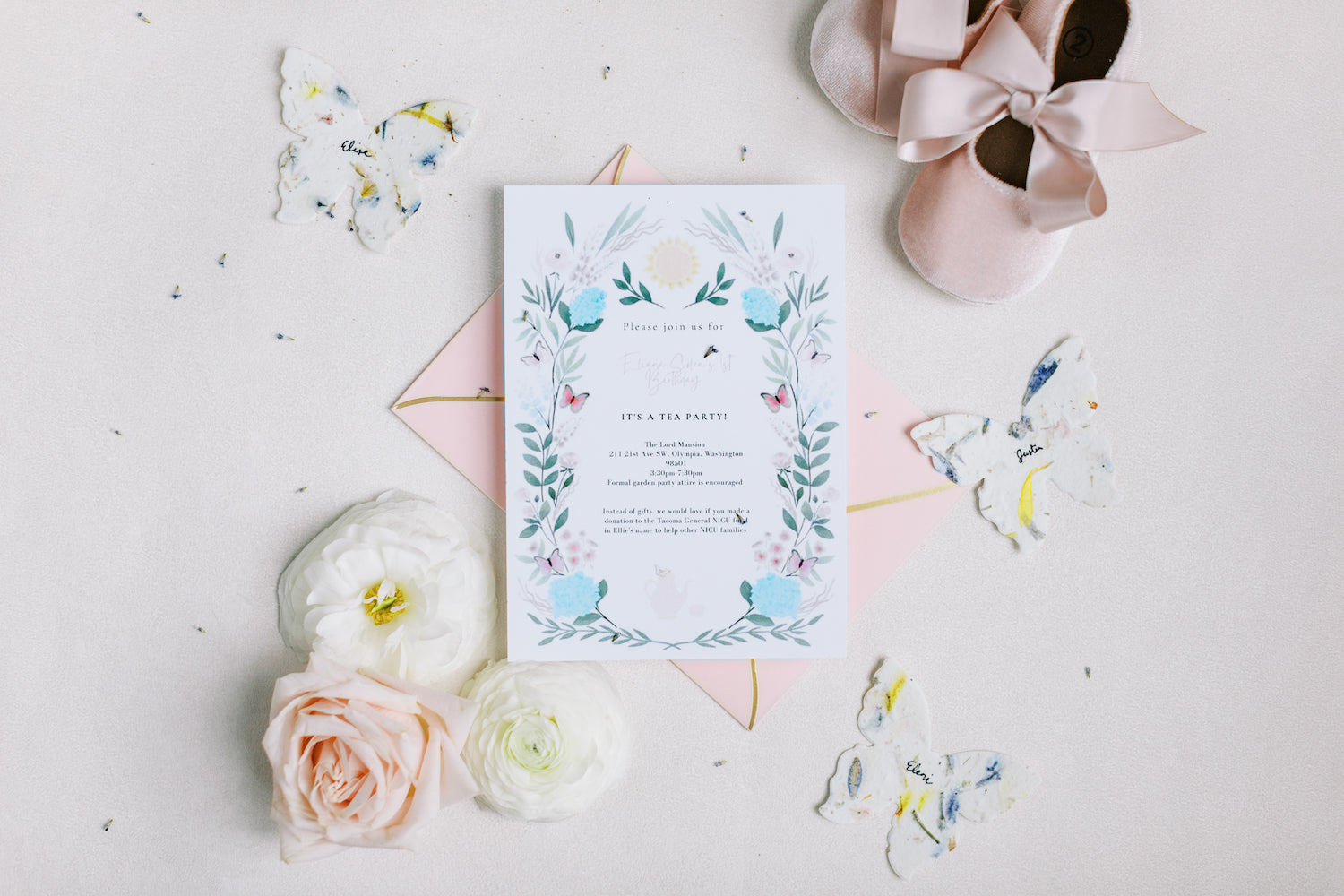 Tea party birthday party inspiration Olympia Washington Floral and butterfly invitation