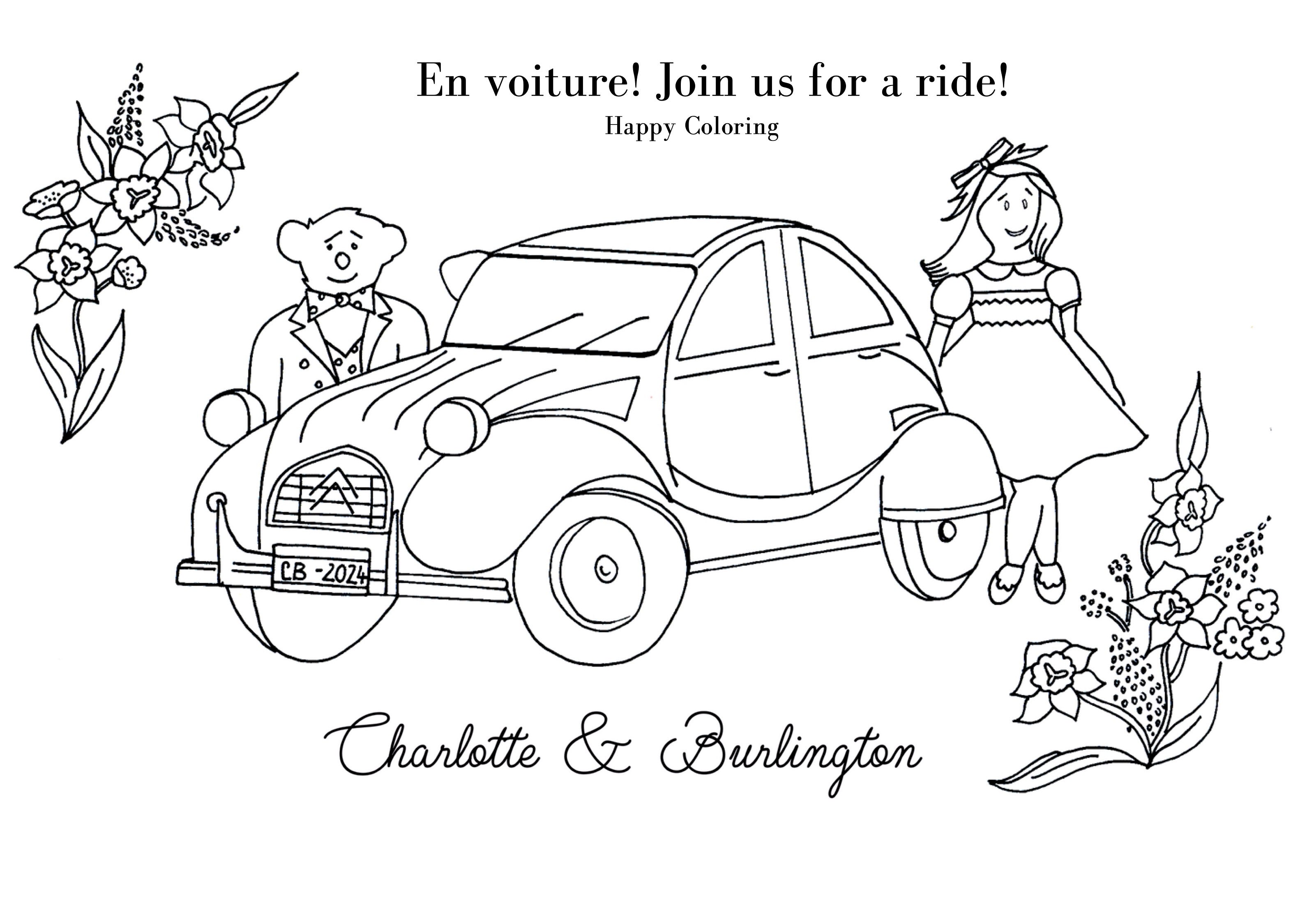 French 2cv car paris themed coloring for children free downloadable for kids