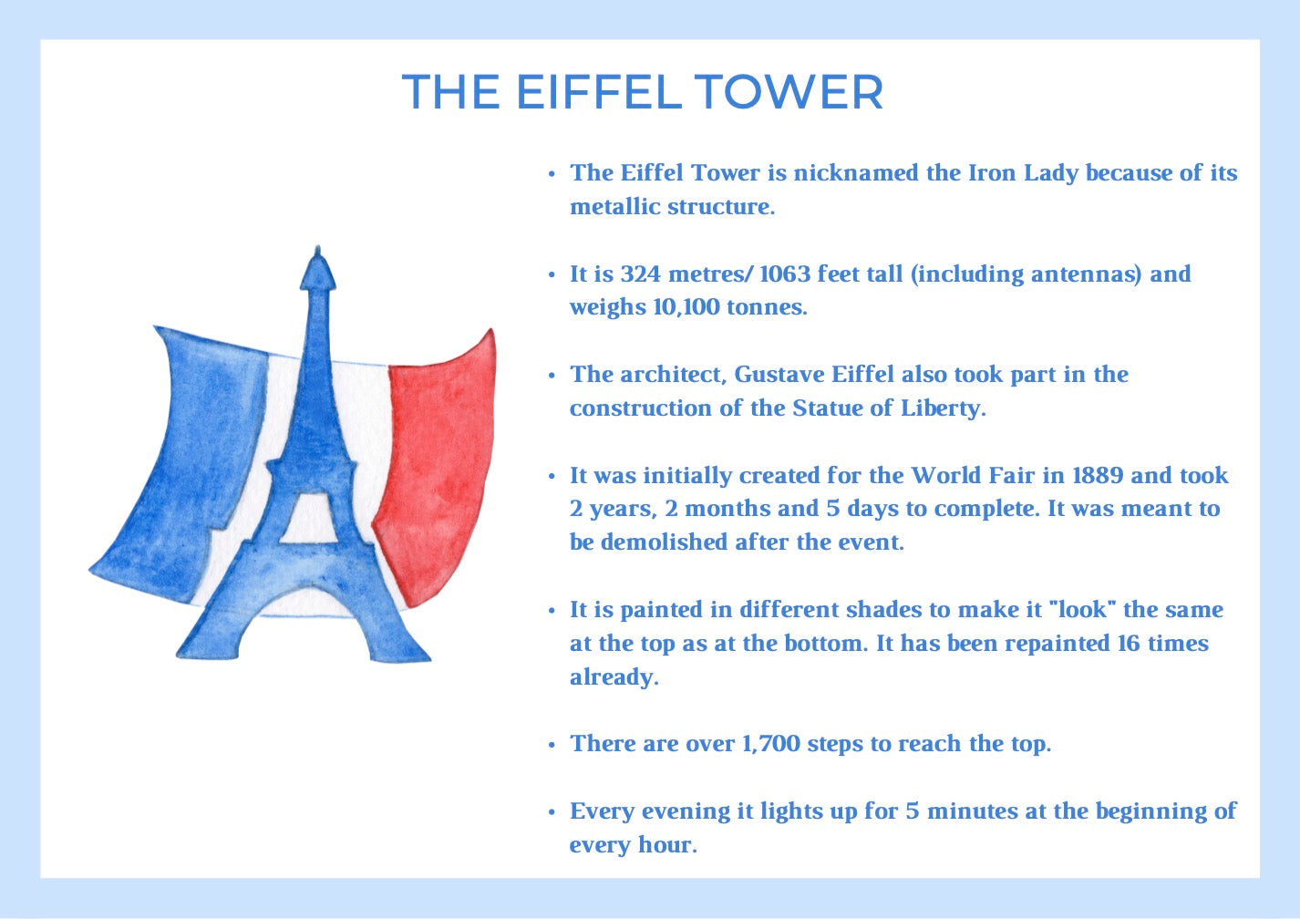 Charlotte and Burlington fun facts about the Eiffel Tower - Learning all about France for children - family club