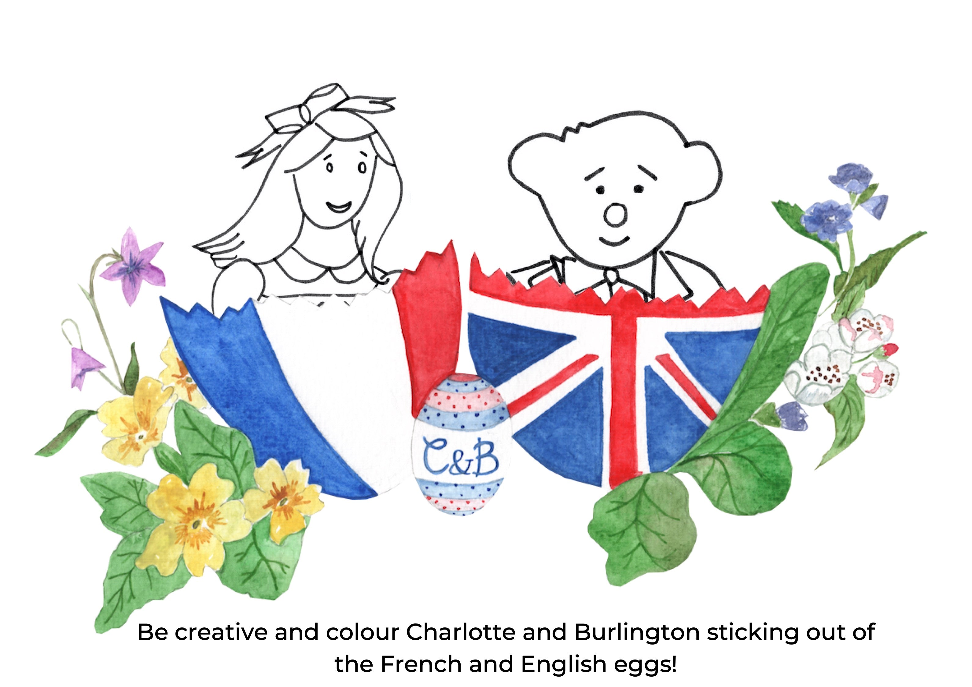 Free downloadable printable colouring in for children doll and bear Charlotte and Burlington French family club Easter